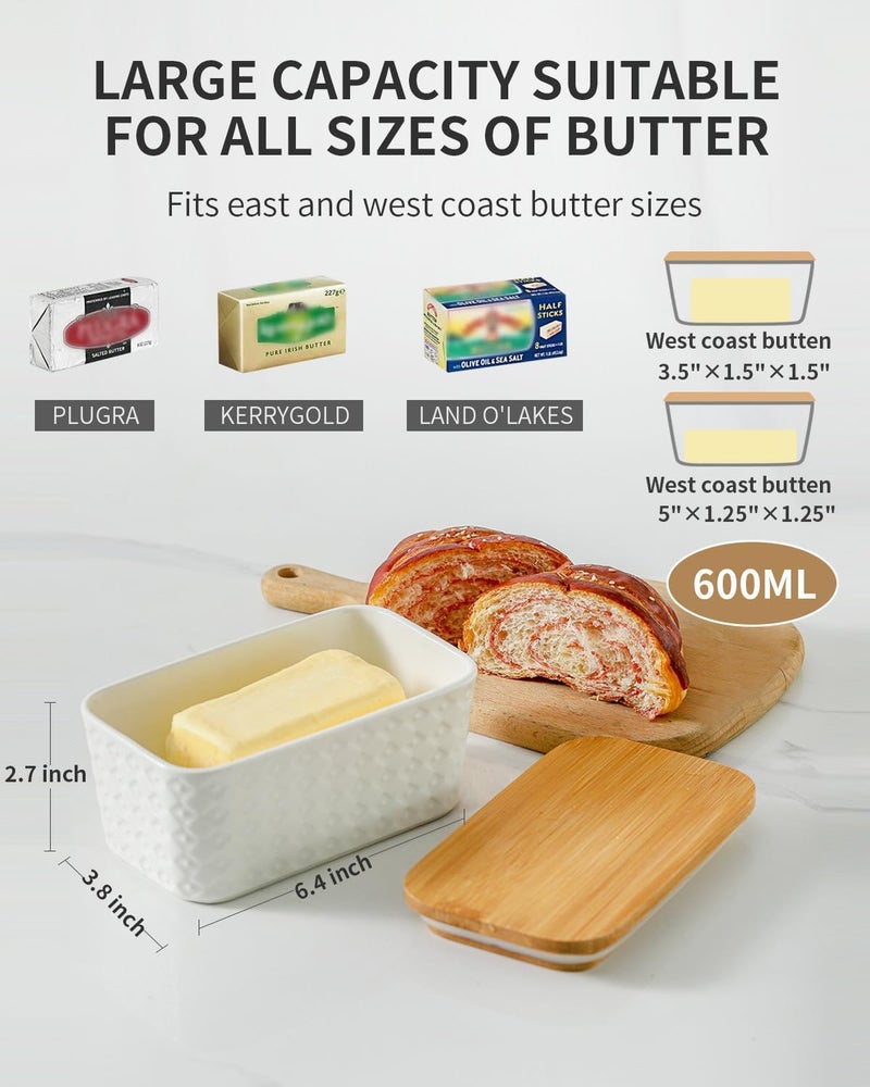 Hasense Large Butter Dish with Lid for Countertop - Farmhouse Ceramic Butter Container Holder with Cover for Fridge,Silicone Sealing,White Embossed Pattern,Holds Two Sticks of Butter - Image 2