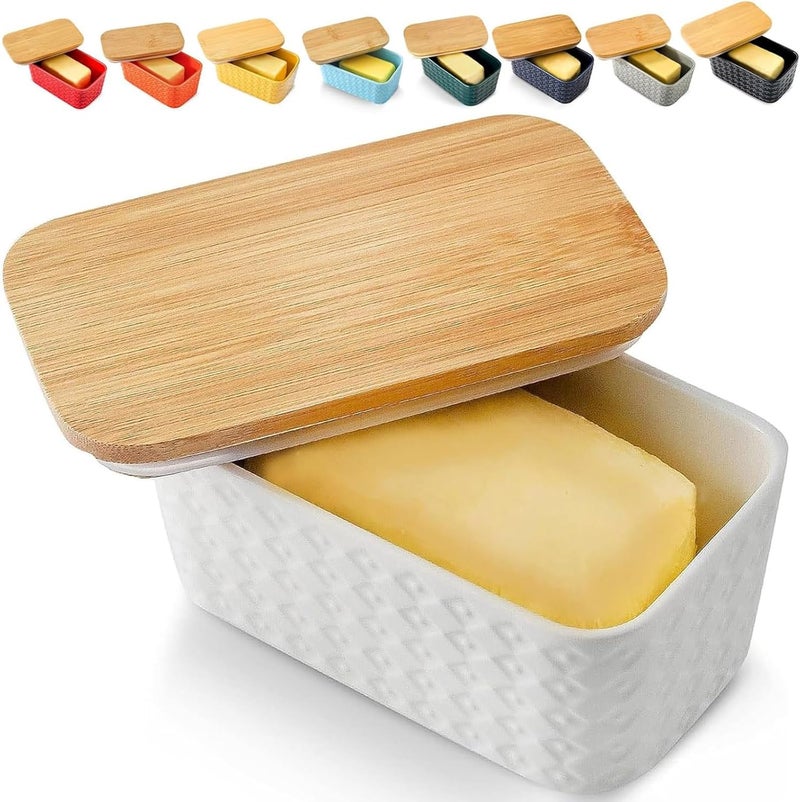 Hasense Large Butter Dish with Lid for Countertop - Farmhouse Ceramic Butter Container Holder with Cover for Fridge,Silicone Sealing,White Embossed Pattern,Holds Two Sticks of Butter - Image 1