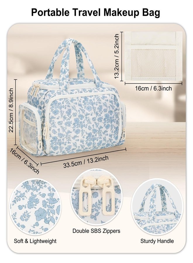 WGEAR Travel Makeup Bag, Lightweight Wide-open Toiletries Bag for Women, Large Cosmetic Organizer Bag with Makeup Brushes Compartment for Travel-Sized Essentials for Trip, Camping - Blue Flower - Image 2