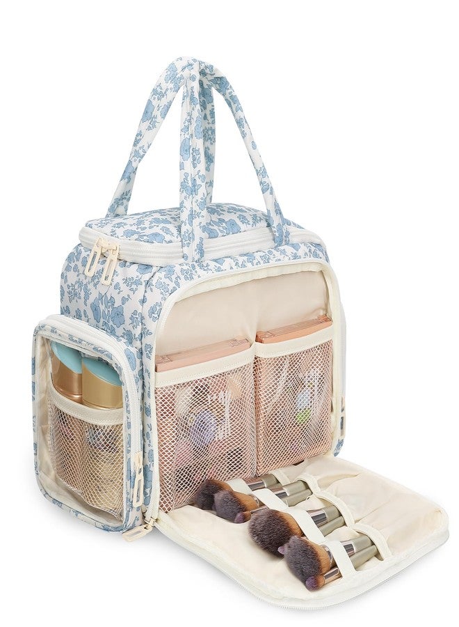 WGEAR Travel Makeup Bag, Lightweight Wide-open Toiletries Bag for Women, Large Cosmetic Organizer Bag with Makeup Brushes Compartment for Travel-Sized Essentials for Trip, Camping - Blue Flower - Image 1