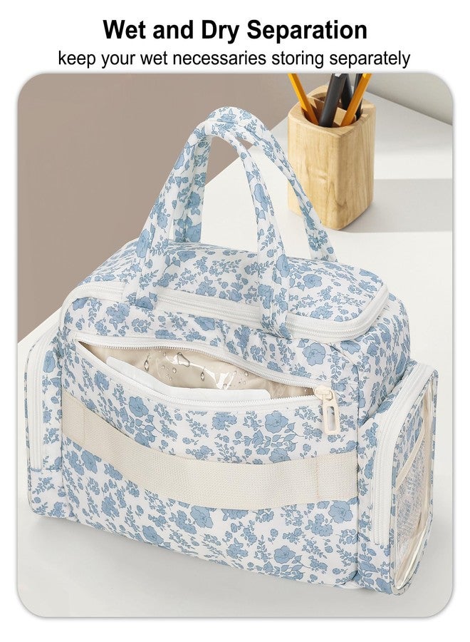 WGEAR Travel Makeup Bag, Lightweight Wide-open Toiletries Bag for Women, Large Cosmetic Organizer Bag with Makeup Brushes Compartment for Travel-Sized Essentials for Trip, Camping - Blue Flower - Image 3