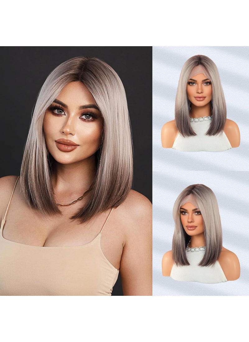 7JHH WIGS 7JHH WIGS Lace Front Wig with Brown Roots Straight Grey Brown Ombre Wig Shoulder Length Bob Wigs for Girls Women Synthetic Short Wigs With Transparent Lace For Daily Ues 15 Grey Brown 