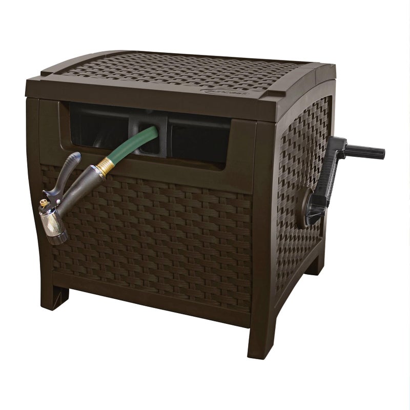 Suncast 175 ft. Wicker Style Resin Hose Hideaway with Hose Guide, Java, Mocha Brown - Image 1