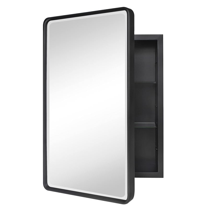 TEHOME خزانة دواء حمام بتصميم مزرعة بإطار معدني أسود مع مرآة مشطوفة مستطيلة مدورة 16x24 بوصة - Image 1