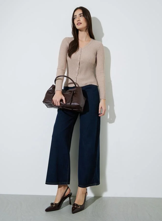 ستايلي Khaki Ribbed Button Down Cardigan