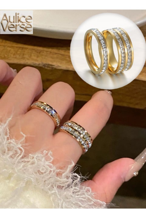 طقم خواتم مزدوجة للنساء من التيتانيوم الفولاذي - أحجار زركون مربعة صغيرة - تصميم متعدد الطبقات