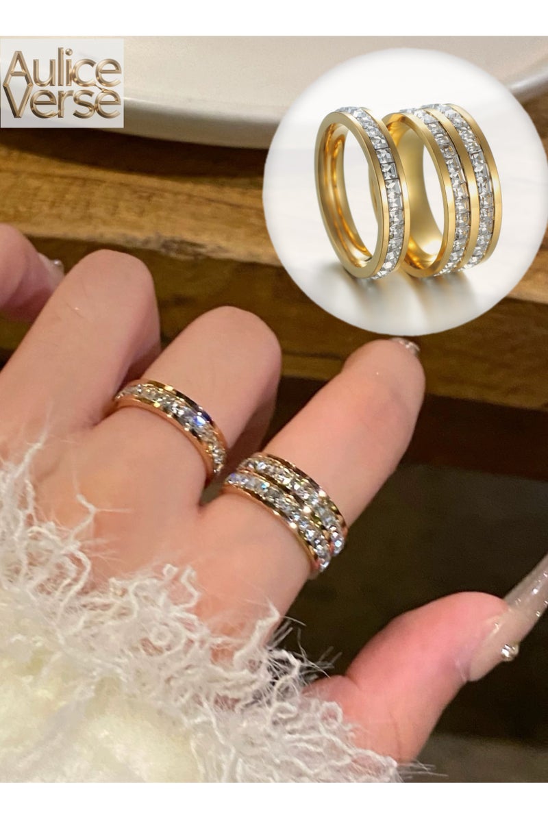 AuliceVerse Women’s Titanium Steel Double Ring Set - Small Square Zircon Diamond - Stackable Style - Image 1