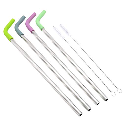 GFDesign Big Drinking Straws Reusable 13" Extra Long 8mm Extra Wide Food-Grade 18/8 Stainless Steel Silicone Elbows Tips for Smoothie Milkshake Cocktail Juice Hot Drinks - Set of 4 + 2 Cleaning Brushes - Image 1