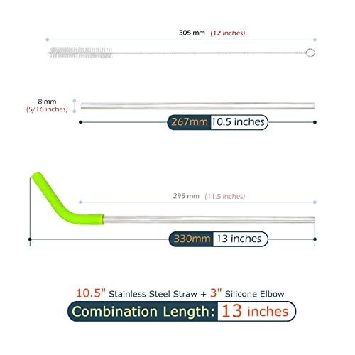GFDesign Big Drinking Straws Reusable 13" Extra Long 8mm Extra Wide Food-Grade 18/8 Stainless Steel Silicone Elbows Tips for Smoothie Milkshake Cocktail Juice Hot Drinks - Set of 4 + 2 Cleaning Brushes - Image 2