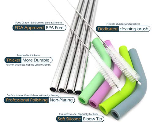 GFDesign Big Drinking Straws Reusable 13" Extra Long 8mm Extra Wide Food-Grade 18/8 Stainless Steel Silicone Elbows Tips for Smoothie Milkshake Cocktail Juice Hot Drinks - Set of 4 + 2 Cleaning Brushes - Image 5