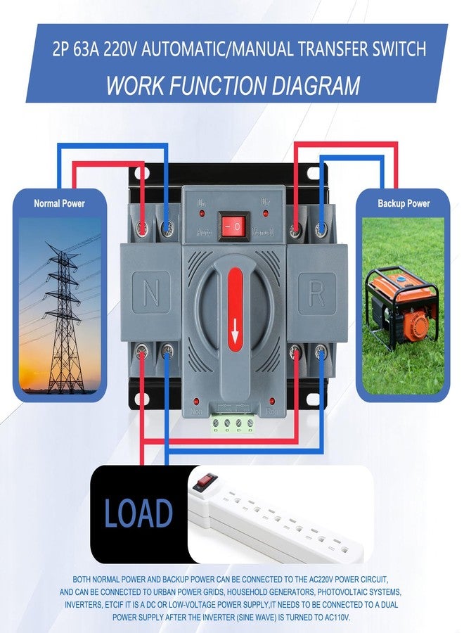 IGEYAPA 6-63amp AC220V Dual Power Switch Automatic Transfer Switch 2P 50/60Hz, 2POLE 63A ATS Auto Changeover Switch for Generator, CE ATS Solar Back Up Power Auto Selector Overvoltage, Undervoltage - Image 2