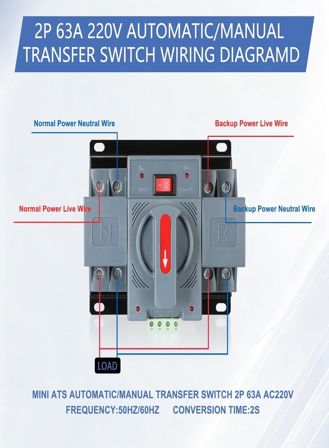 IGEYAPA 6-63amp AC220V Dual Power Switch Automatic Transfer Switch 2P 50/60Hz, 2POLE 63A ATS Auto Changeover Switch for Generator, CE ATS Solar Back Up Power Auto Selector Overvoltage, Undervoltage - Image 3