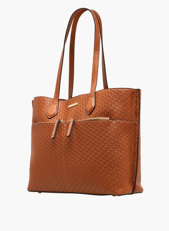 Celeste Monogram Embossed Tote Bag with Zip Closure