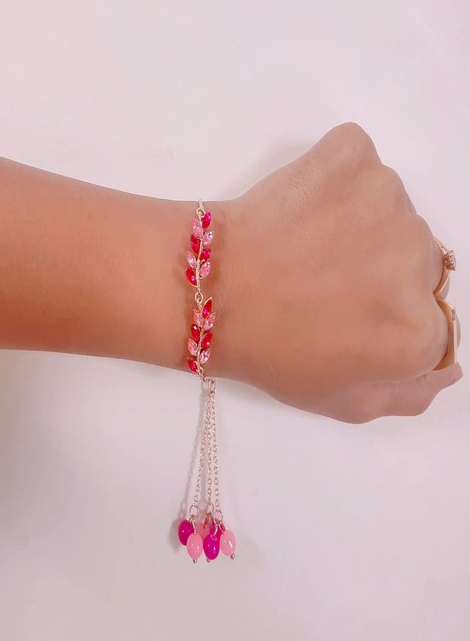 Mahi Light and Dark Pink Leafe Shaped Crystals Lumba Rakhi Bracelet for Bhabhi (RAL1100681Z) For Women - Image 2