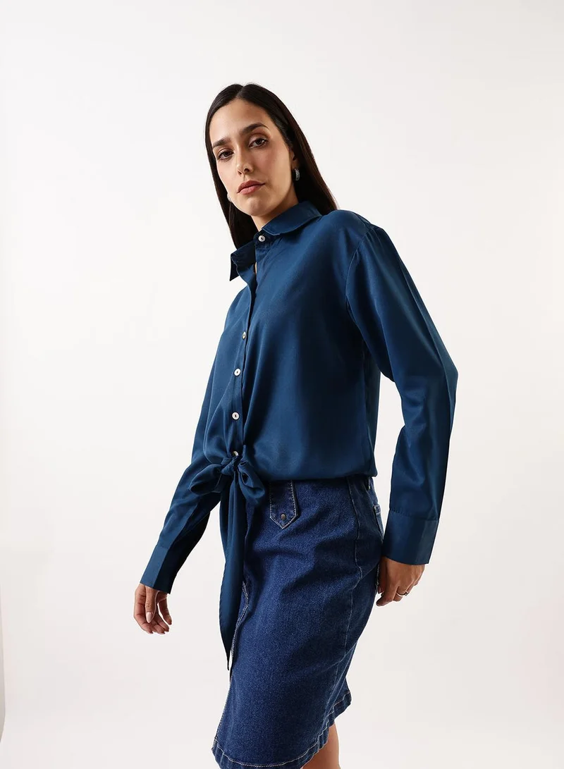 Dennis Lingo Women's Blue Opal Poly Twill Solid T-Shirt Regular Fit Tops