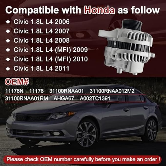 Hsbhlsnx 11176N Alternator Compatible with Honda Civic 1.8L 2006-2011 11176 31100RNAA01 31100RNAA012M2 11176N 31100RNAA01RM AHGA67 A002TC1391 - Image 2