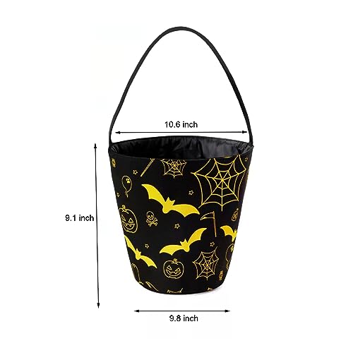 Ouksma 2 Pcs Canvas Halloween Trick or Treat Buckets Halloween Candy Snack Baskets Pumpkin Face Candy Holder with Handle for Halloween Party Favor Supplies (Black/Yellow Bat) - Image 2