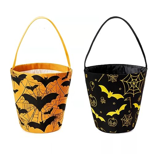 Ouksma 2 Pcs Canvas Halloween Trick or Treat Buckets Halloween Candy Snack Baskets Pumpkin Face Candy Holder with Handle for Halloween Party Favor Supplies (Black/Yellow Bat) - Image 1