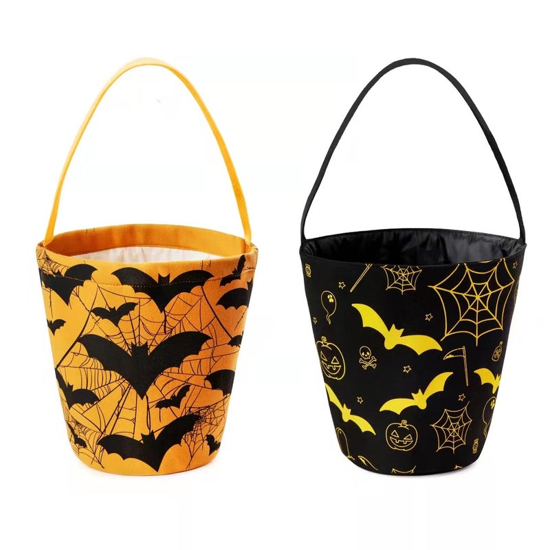 Ouksma 2 Pcs Canvas Halloween Trick or Treat Buckets Halloween Candy Snack Baskets Pumpkin Face Candy Holder with Handle for Halloween Party Favor Supplies (Black/Yellow Bat) - Image 5
