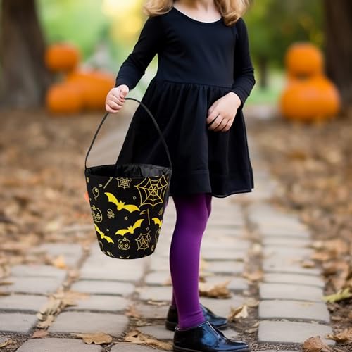 Ouksma 2 Pcs Canvas Halloween Trick or Treat Buckets Halloween Candy Snack Baskets Pumpkin Face Candy Holder with Handle for Halloween Party Favor Supplies (Black/Yellow Bat) - Image 3