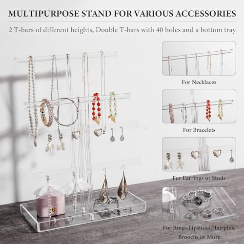 Jolboldy Acrylic Jewelry Organizer Stand with Tray, 4-Tier 14" Tall Tangle-Free Clear Jewelry Display Holder for Hanging Long Necklaces & Bracelets, 40 Earring Holes, Tower Tray Storage for Rings Watch Perfum - Image 4