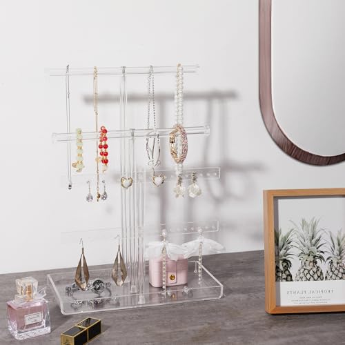Jolboldy Acrylic Jewelry Organizer Stand with Tray, 4-Tier 14" Tall Tangle-Free Clear Jewelry Display Holder for Hanging Long Necklaces & Bracelets, 40 Earring Holes, Tower Tray Storage for Rings Watch Perfum - Image 2