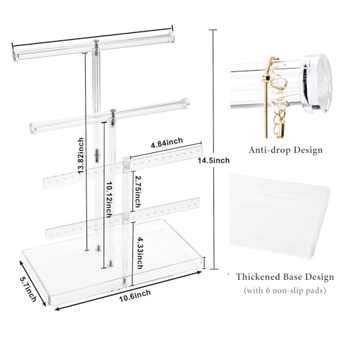 Jolboldy Acrylic Jewelry Organizer Stand with Tray, 4-Tier 14" Tall Tangle-Free Clear Jewelry Display Holder for Hanging Long Necklaces & Bracelets, 40 Earring Holes, Tower Tray Storage for Rings Watch Perfum - Image 3