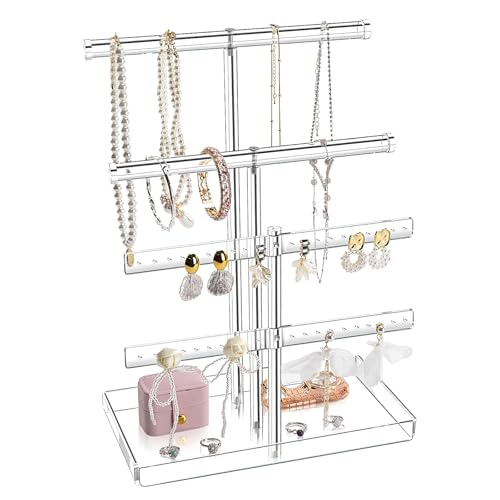 Jolboldy Acrylic Jewelry Organizer Stand with Tray, 4-Tier 14" Tall Tangle-Free Clear Jewelry Display Holder for Hanging Long Necklaces & Bracelets, 40 Earring Holes, Tower Tray Storage for Rings Watch Perfum - Image 1