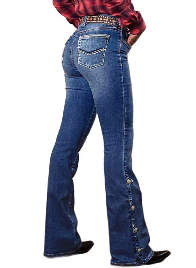 Flamingals Women's Buttoned Hem Bootcut Jeans Without Belt Mid Waist Casual Pants Navy Blue, Deep Navy Blue, XL - Image 1
