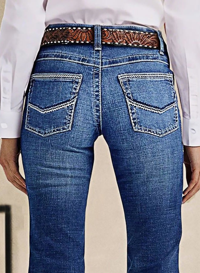 Flamingals Women's Buttoned Hem Bootcut Jeans Without Belt Mid Waist Casual Pants Navy Blue, Deep Navy Blue, XL - Image 3