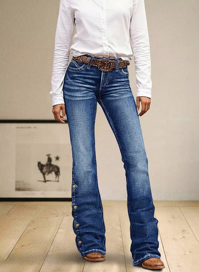 Flamingals Women's Buttoned Hem Bootcut Jeans Without Belt Mid Waist Casual Pants Navy Blue, Deep Navy Blue, XL - Image 5