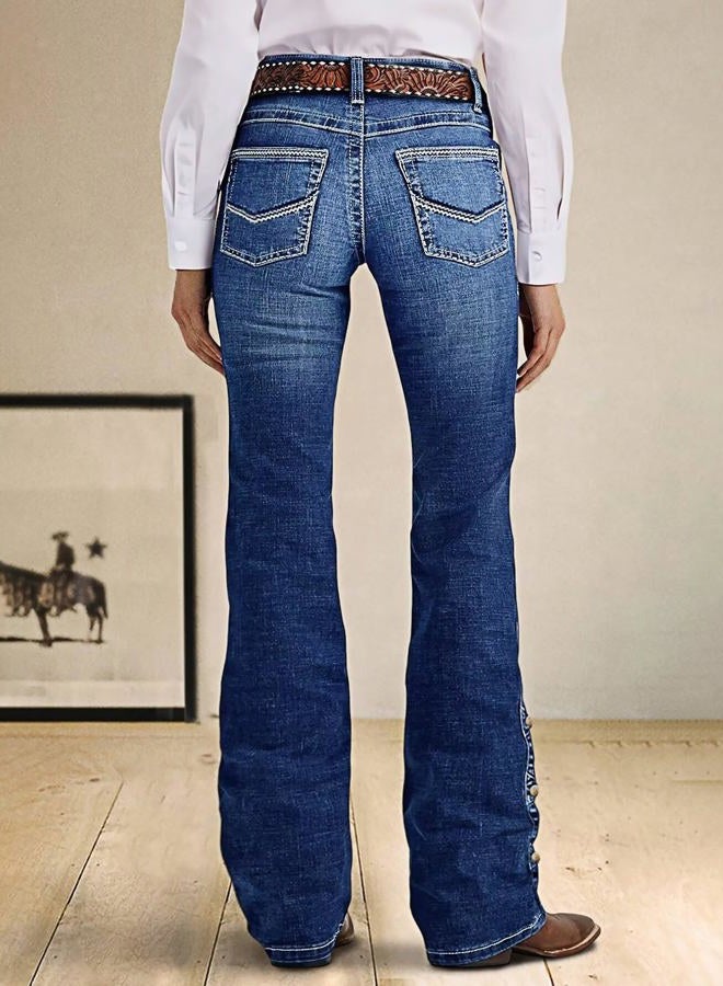 Flamingals Women's Buttoned Hem Bootcut Jeans Without Belt Mid Waist Casual Pants Navy Blue, Deep Navy Blue, XL - Image 4