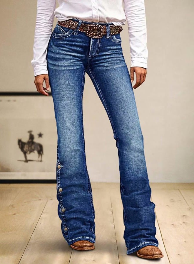 Flamingals Women's Buttoned Hem Bootcut Jeans Without Belt Mid Waist Casual Pants Navy Blue, Deep Navy Blue, XL - Image 2