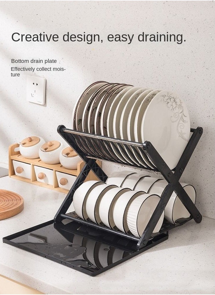 Plan A - 2 Tier Dish Drainer and Bowl Organizer with Leakproof Drawer, Compact X Shape Dish Rack for Kitchen Dish Drying Organizer (Black) - Image 1