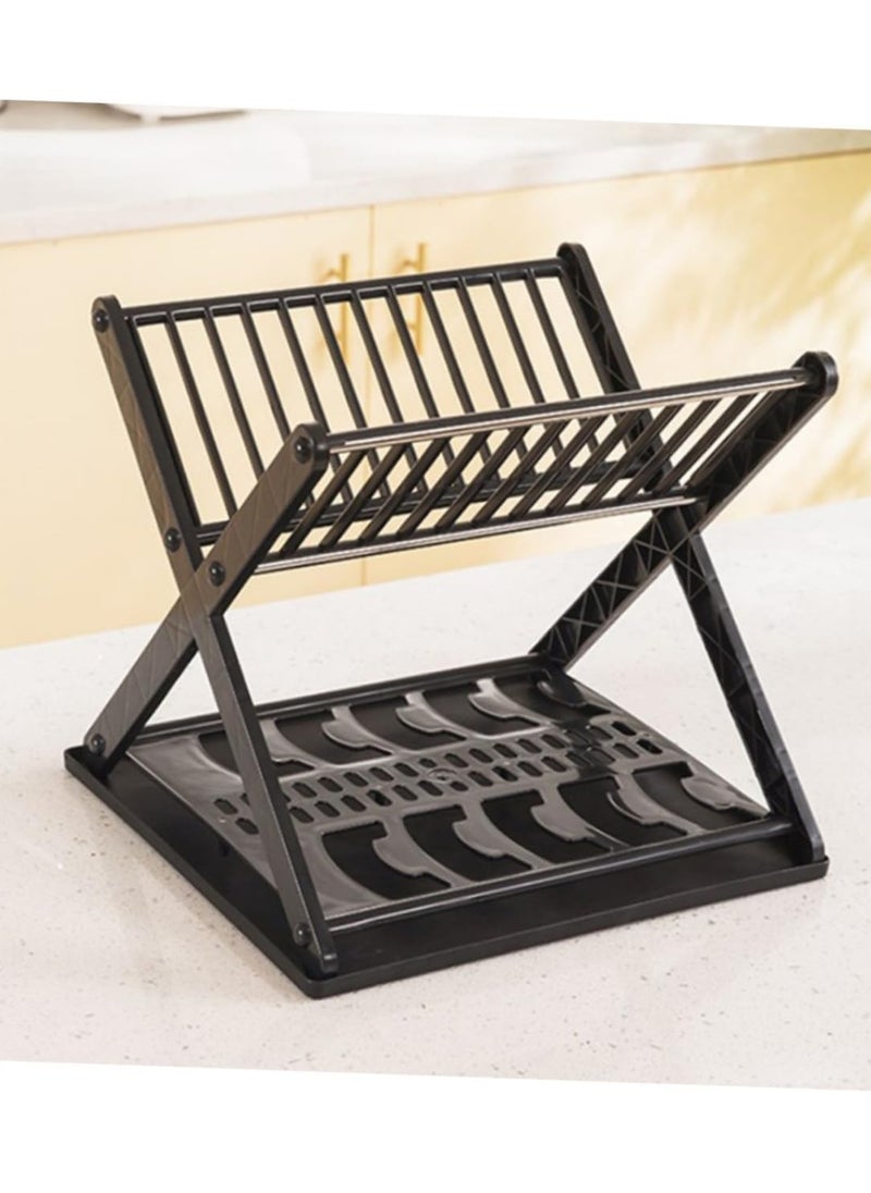 Plan A - 2 Tier Dish Drainer and Bowl Organizer with Leakproof Drawer, Compact X Shape Dish Rack for Kitchen Dish Drying Organizer (Black) - Image 1