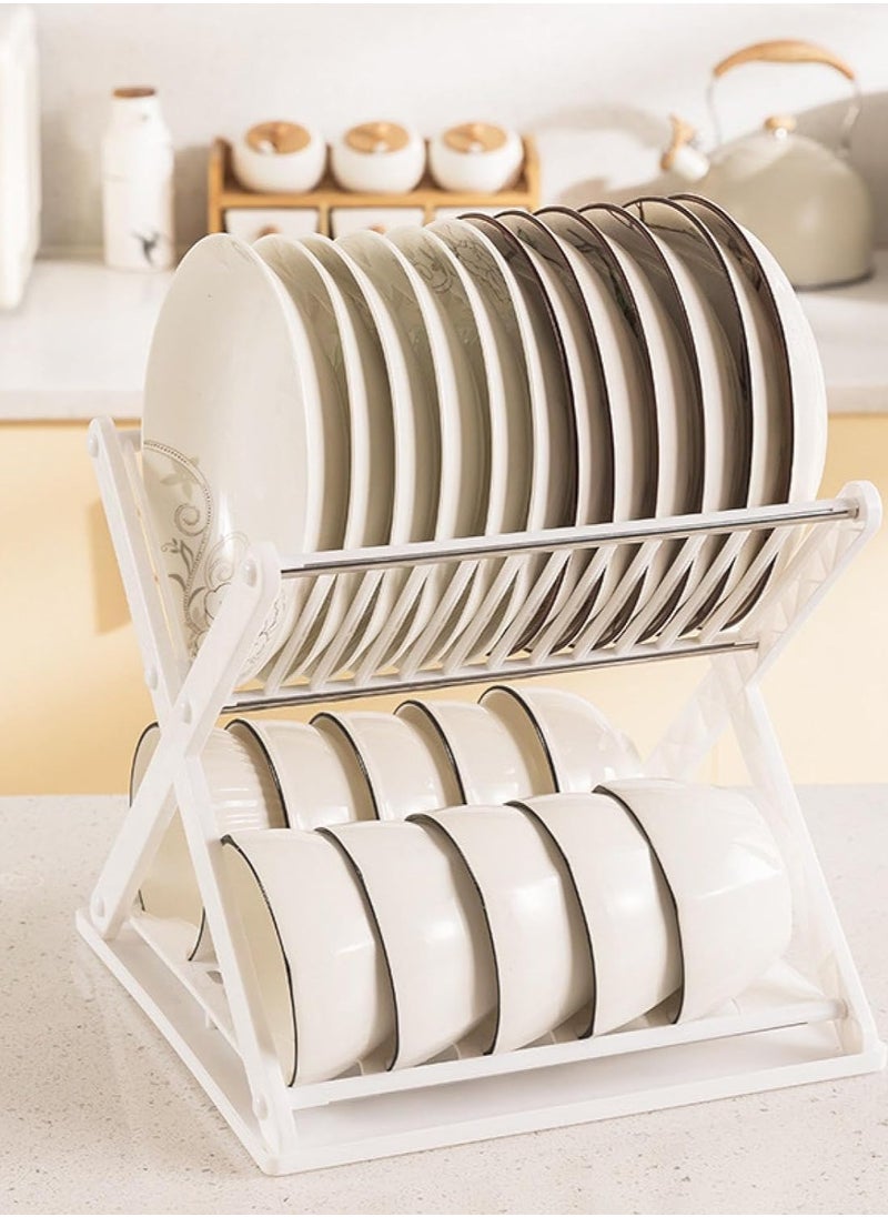 Plan A - 2 Tier Dish Drainer and Bowl Organizer with Leakproof Drawer, Compact X Shape Dish Rack for Kitchen Dish Drying Organizer (Black) - Image 1