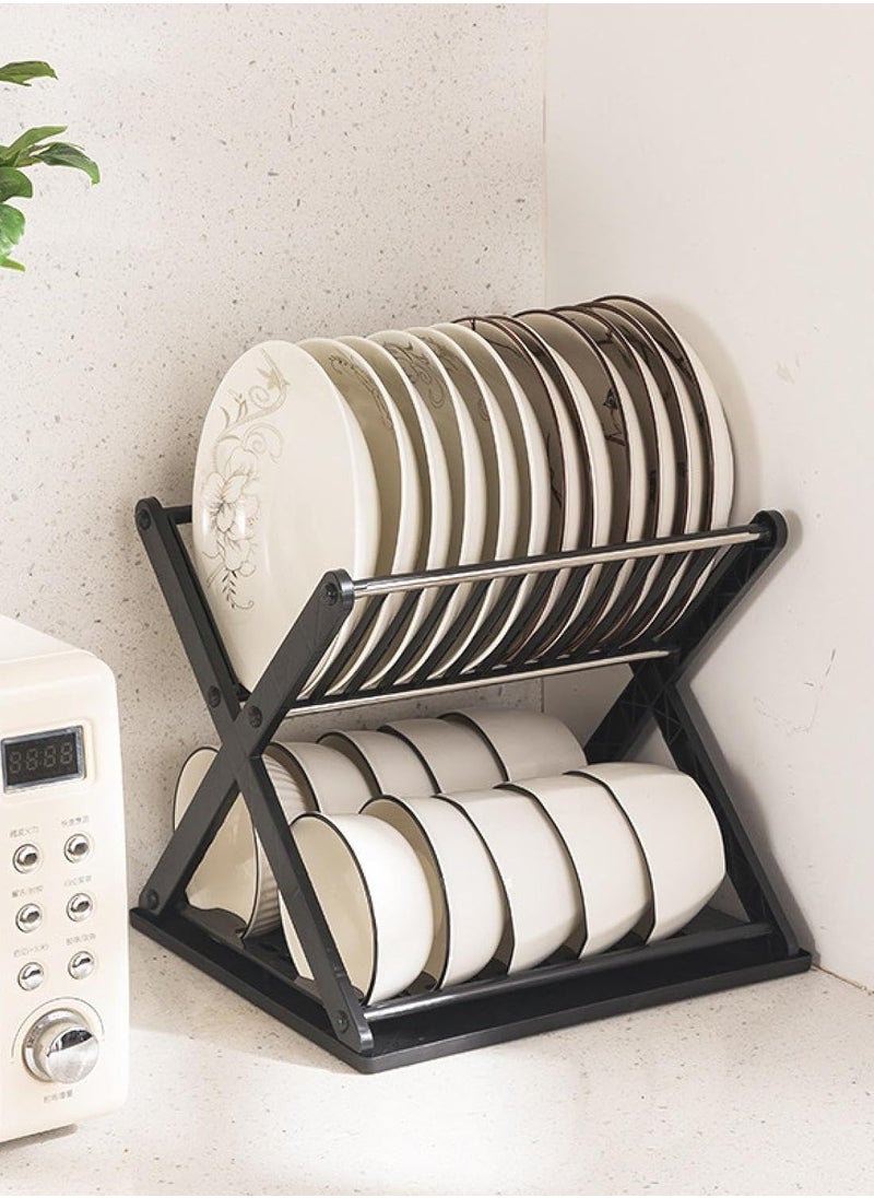 Plan A - 2 Tier Dish Drainer and Bowl Organizer with Leakproof Drawer, Compact X Shape Dish Rack for Kitchen Dish Drying Organizer (Black) - Image 1
