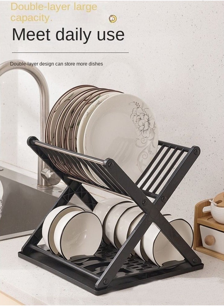 Plan A - 2 Tier Dish Drainer and Bowl Organizer with Leakproof Drawer, Compact X Shape Dish Rack for Kitchen Dish Drying Organizer (Black) - Image 1