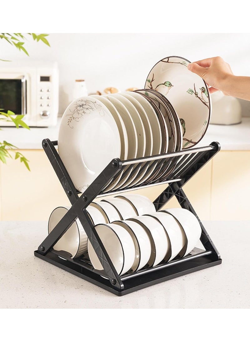 Plan A - 2 Tier Dish Drainer and Bowl Organizer with Leakproof Drawer, Compact X Shape Dish Rack for Kitchen Dish Drying Organizer (Black) - Image 1