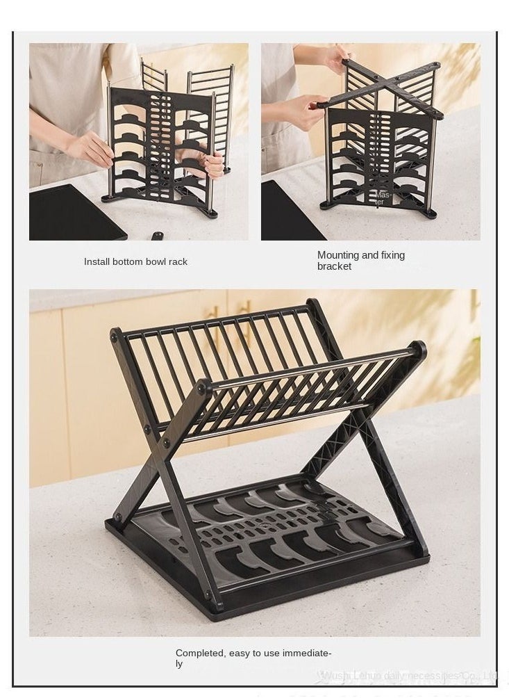 Plan A - 2 Tier Dish Drainer and Bowl Organizer with Leakproof Drawer, Compact X Shape Dish Rack for Kitchen Dish Drying Organizer (Black) - Image 1