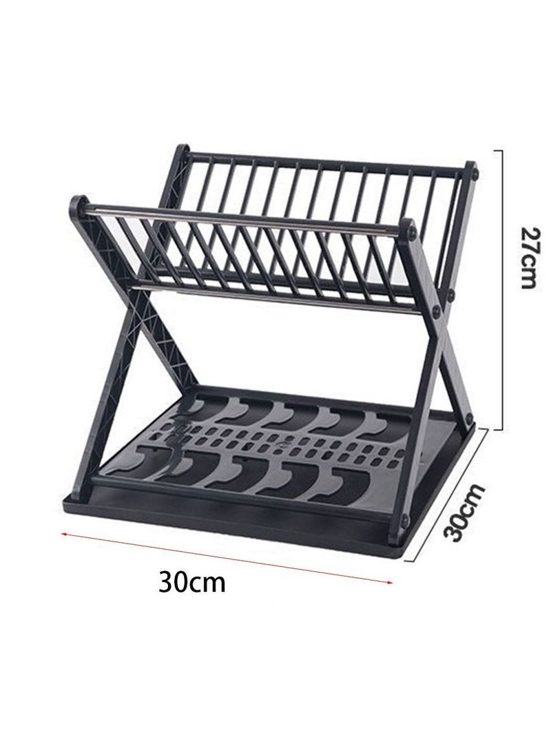Plan A - 2 Tier Dish Drainer and Bowl Organizer with Leakproof Drawer, Compact X Shape Dish Rack for Kitchen Dish Drying Organizer (Black) - Image 1