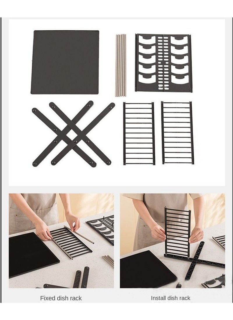 Plan A - 2 Tier Dish Drainer and Bowl Organizer with Leakproof Drawer, Compact X Shape Dish Rack for Kitchen Dish Drying Organizer (Black) - Image 1