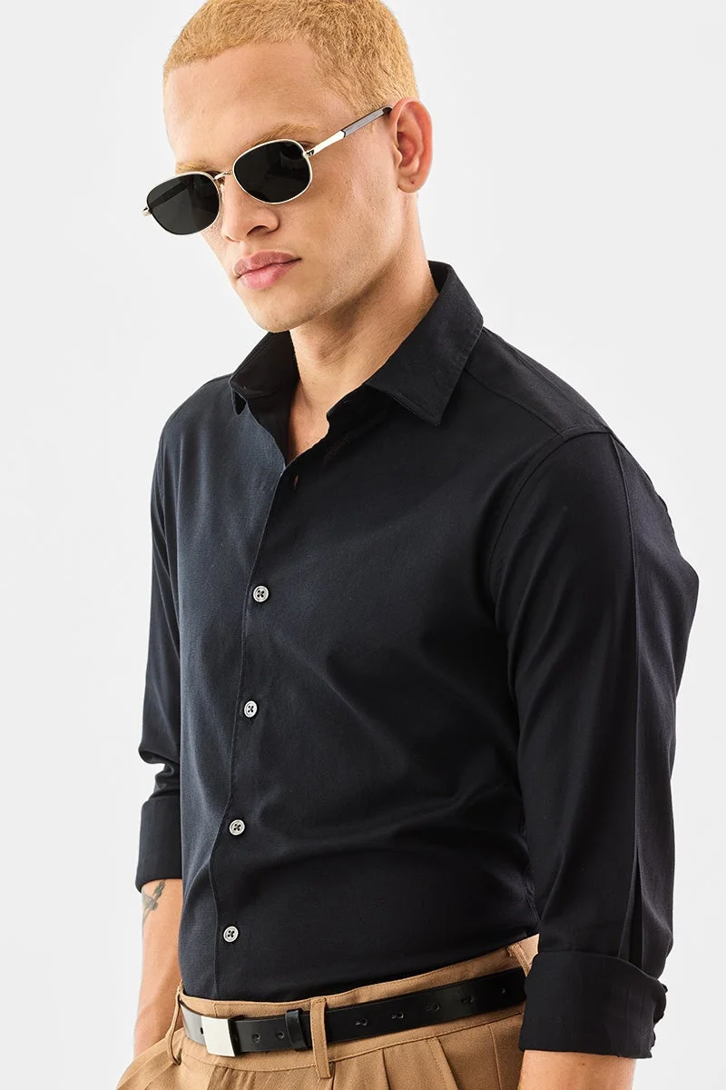 سنيتش Black Solid Long Sleeve Slim Fit Shirt