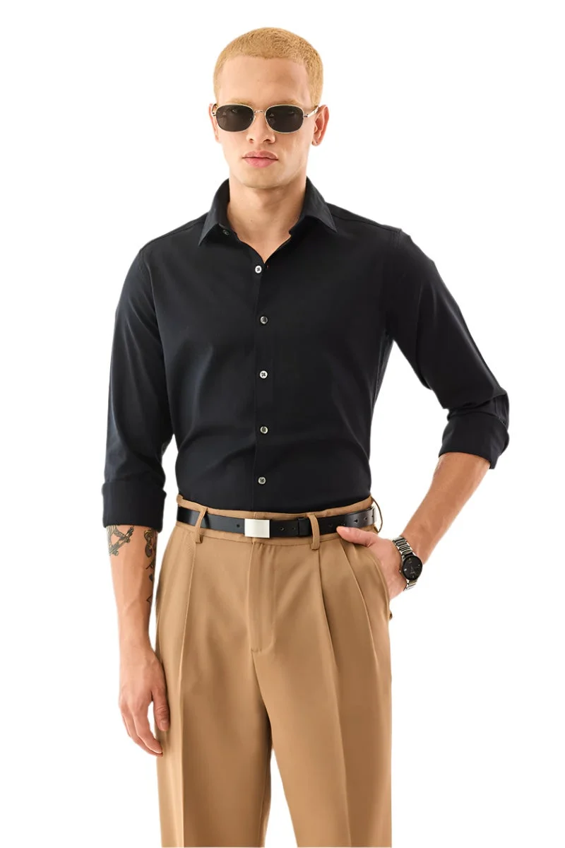 SNITCH Black Solid Long Sleeve Slim Fit Shirt