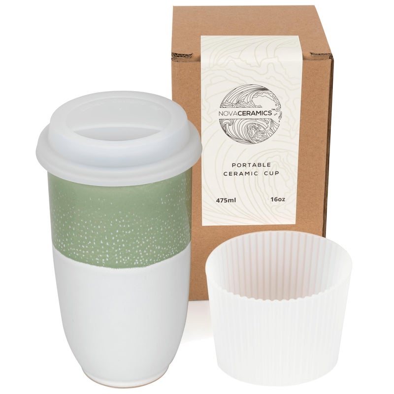NOVA CERAMICS Travel Mug  Tea Tumbler Microwave  Dishwasher Safe Coffee Mug Green  White Tumbler  Gifts For Women Men Him Her  16oz  Sage Green
