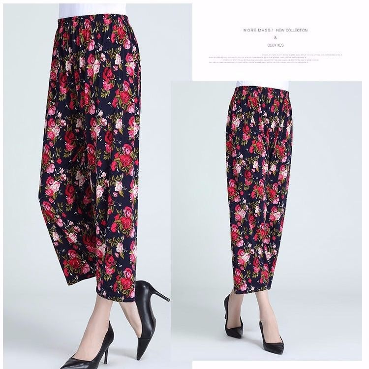 Summer Womens Ice Silk Pants Middle-aged and Elderly Loose Casual Home Pants Elacto Plus Fat Mother Pants Square Sports No. 1 Nine-point Straight Flower Pants 