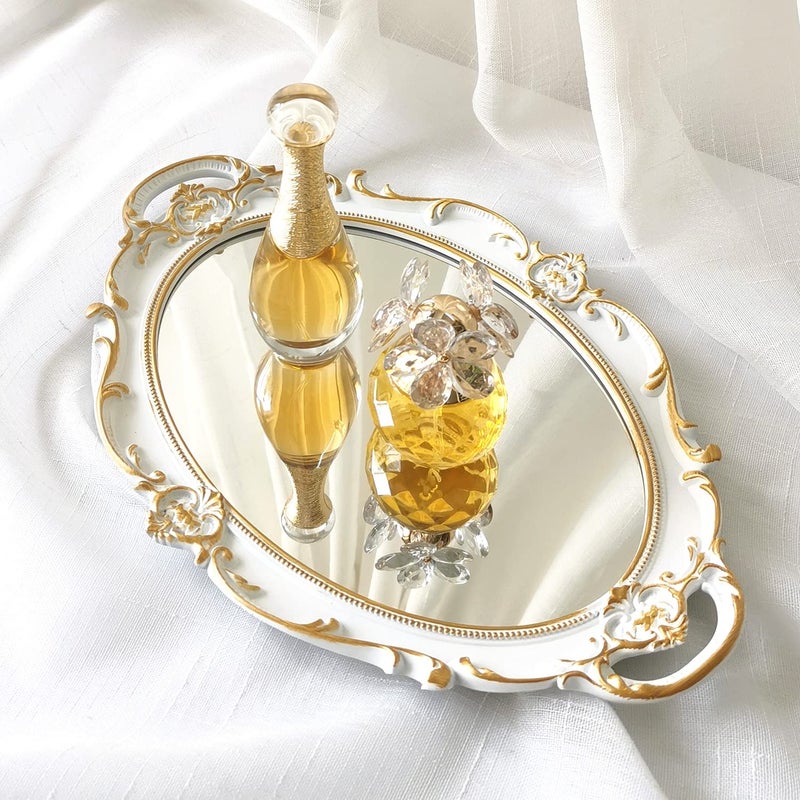 Yamfurga Oval Decorative Mirror Tray French Style Makeup Organizer Jewelry Organizer Serving Tray 98x 146 Golden White