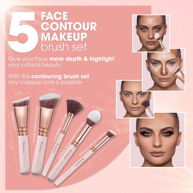 Lamora Pro Face Contour Brush Set - Synthetic Contouring Sculpting and Highlighting Kit - Cream Blush Powder Flat Nose Cheek Round Small Angled Fan Tapered Precision Kabuki Foundation Makeup Brushes - Image 3