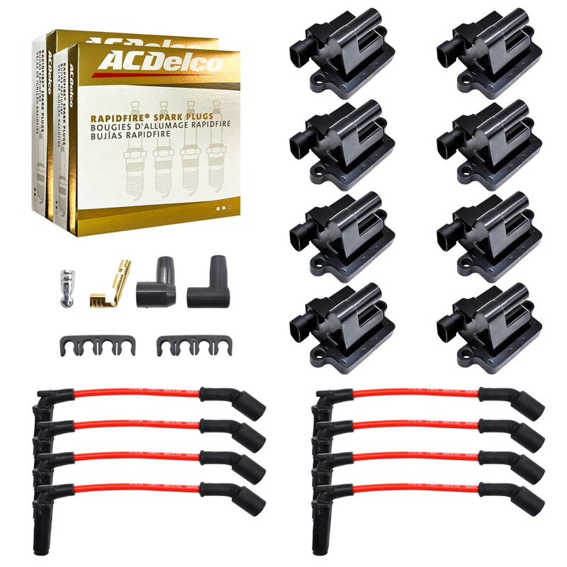 MAS Set of 8 Square Ignition Coil Pack UF271 OEM ACDelco 6 Platinum Spark Plugs 85mm Wires Compatible with Chevy Silverado Suburban Tahoe H2 GMC Yukon Sierra Envoy Replacement for 521618 5C1083