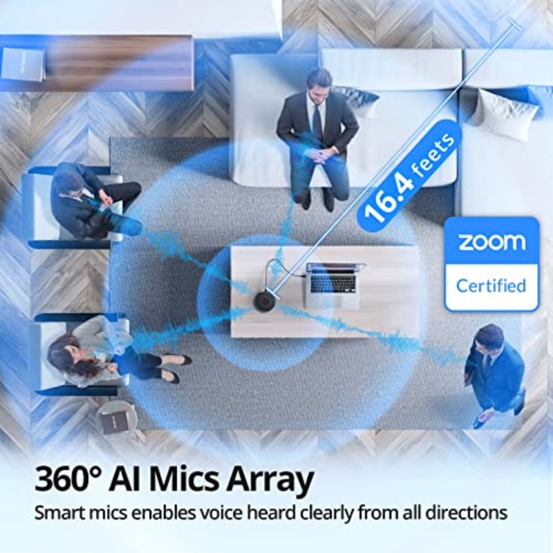 مكبر صوت USB لاجتماعات Zoom/Teams، هيكل من سبائك الألومنيوم، أسود غير لامع، ميكروفون 360 AI مع تقليل الضوضاء، إلغاء الصدى، التوصيل والتشغيل لـ 5-8 أشخاص - Image 3
